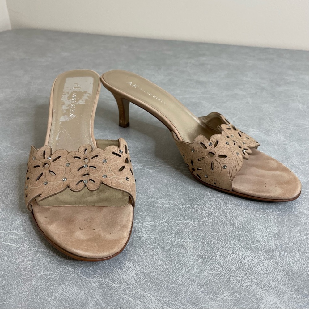 Anne Klein Tan Perforated Leather Floral Heels with Rhinestone Embellishment - Picture 11 of 11
